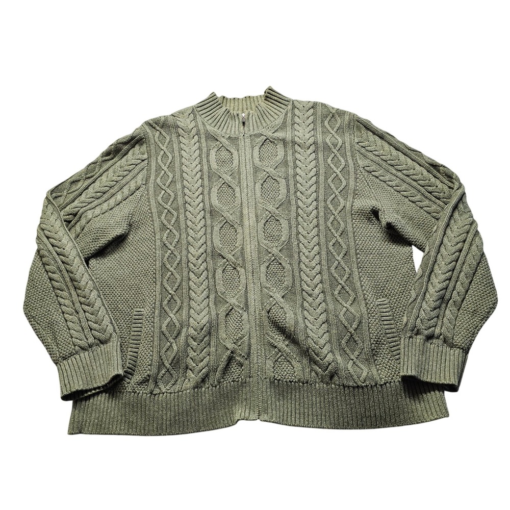 L.L.Bean Full Zip Cable Knit Cardigan Womens 3X Plus Olive Green Outdoorsy